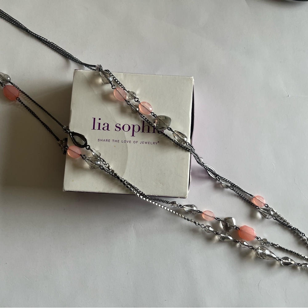 Lia Sophia Signed Pink Glass Silver Tone Beaded Chain Necklace 52” Long Retired